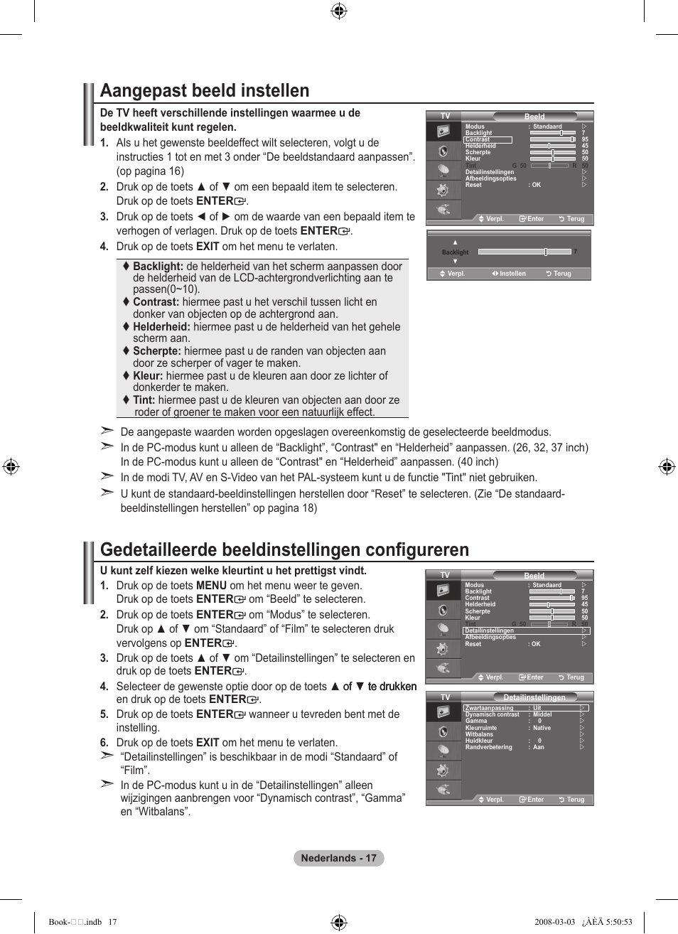 Aangepast beeld instellen, Gedetailleerde beeldinstellingen configureren | Samsung LE32A450C2 User Manual | Page 151 / 533