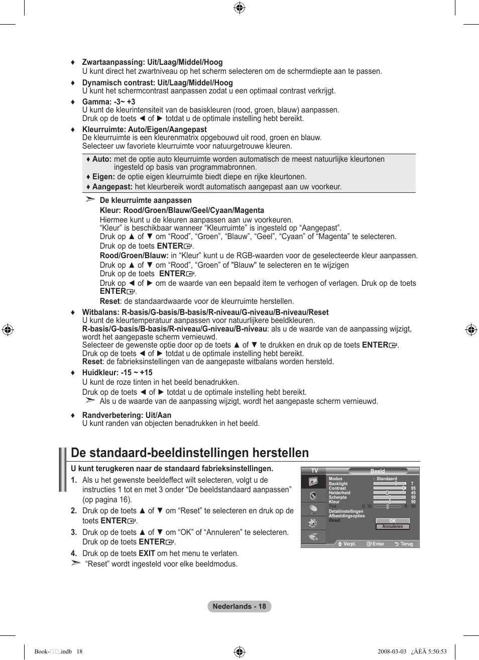 De standaard-beeldinstellingen herstellen | Samsung LE32A450C2 User Manual | Page 152 / 533