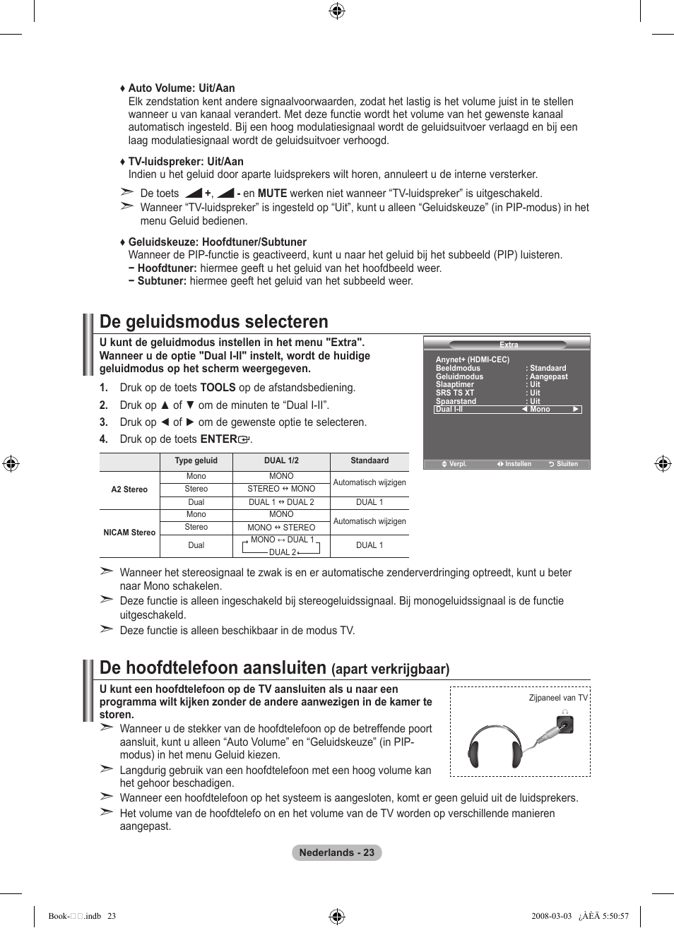 De geluidsmodus selecteren, De hoofdtelefoon aansluiten, Apart verkrijgbaar) | Samsung LE32A450C2 User Manual | Page 157 / 533