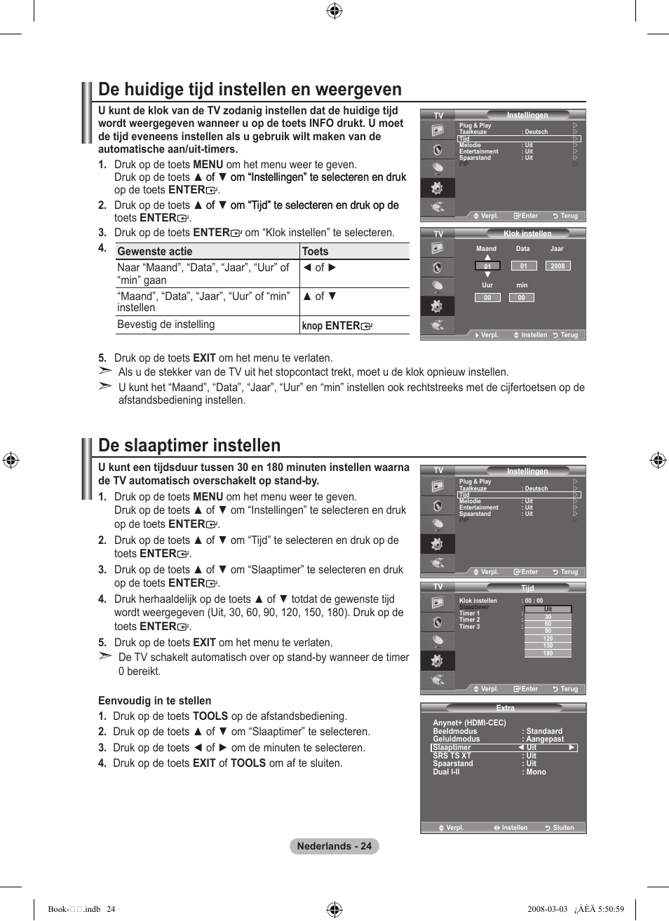 De huidige tijd instellen en weergeven, De slaaptimer instellen | Samsung LE32A450C2 User Manual | Page 158 / 533