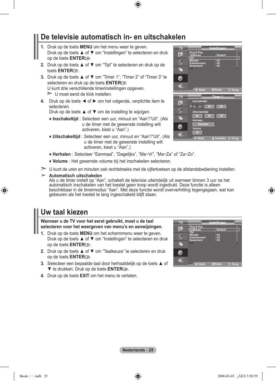 De televisie automatisch in- en uitschakelen, Uw taal kiezen | Samsung LE32A450C2 User Manual | Page 159 / 533