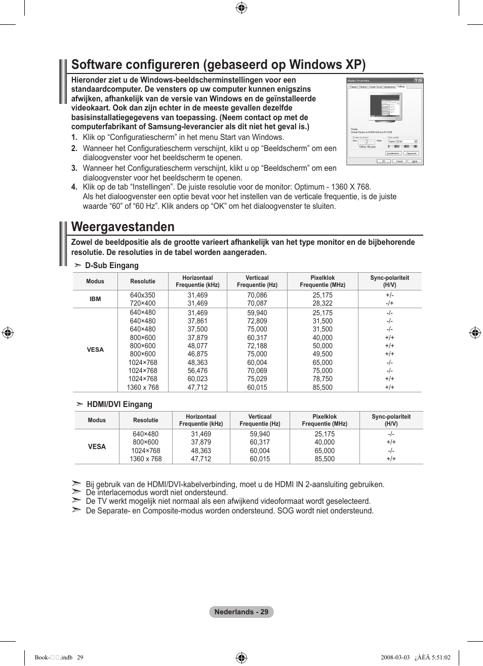 Software configureren (gebaseerd op windows xp), Weergavestanden | Samsung LE32A450C2 User Manual | Page 163 / 533