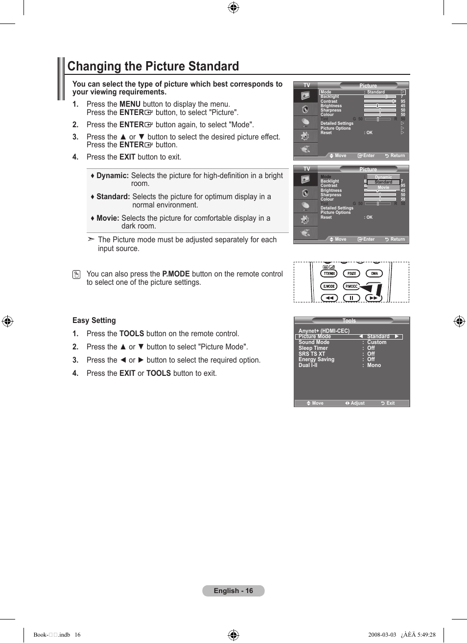 Setting the picture, Changing the picture standard | Samsung LE32A450C2 User Manual | Page 18 / 533