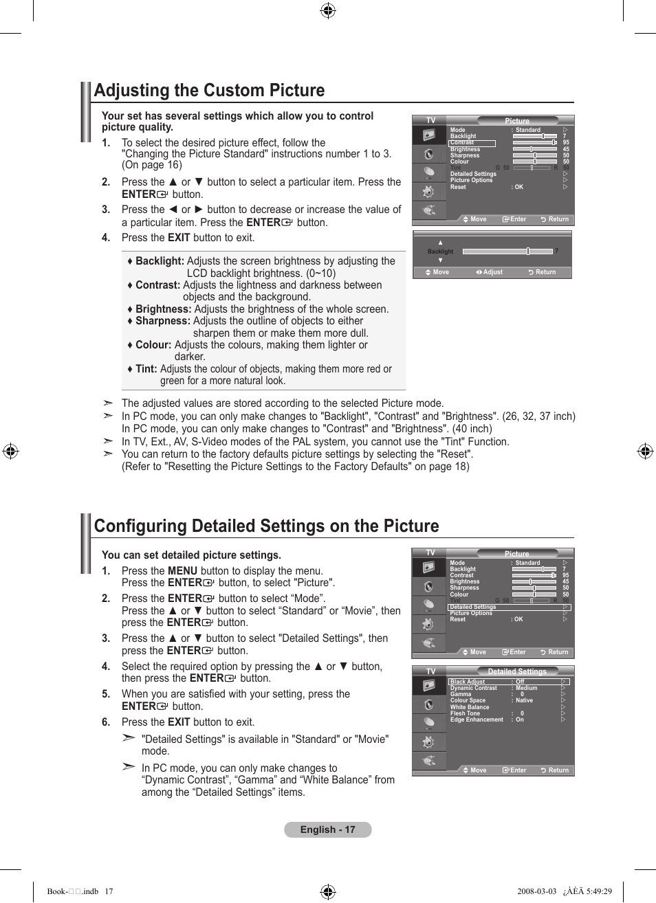 Adjusting the custom picture, Configuring detailed settings on the picture | Samsung LE32A450C2 User Manual | Page 19 / 533