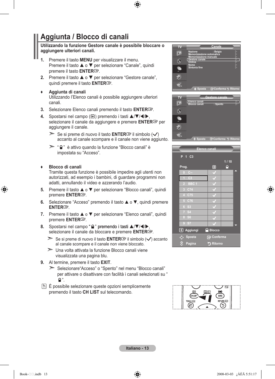 Aggiunta / blocco di canali | Samsung LE32A450C2 User Manual | Page 191 / 533