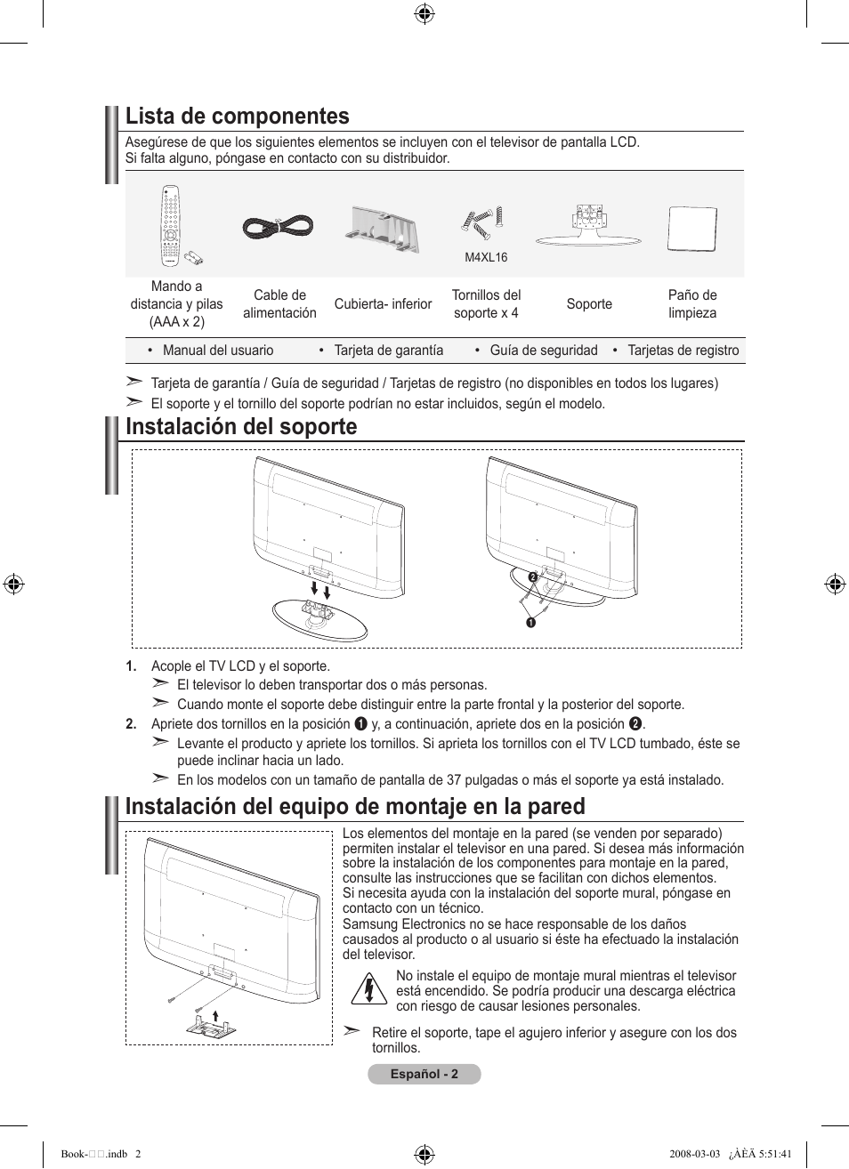 Instalación del soporte, Instalación del equipo de montaje en la pared, Lista de componentes | Samsung LE32A450C2 User Manual | Page 226 / 533