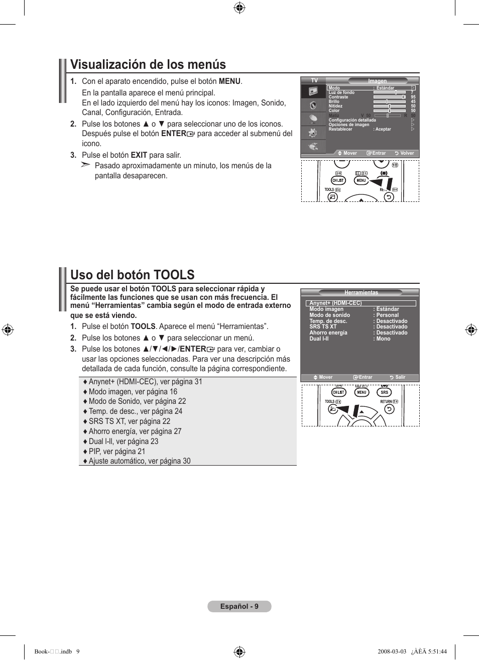 Visualización de los menús, Uso del botón tools | Samsung LE32A450C2 User Manual | Page 233 / 533