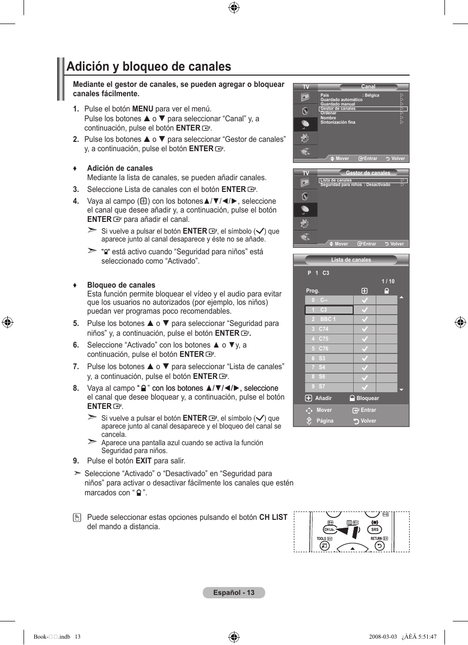 Adición y bloqueo de canales | Samsung LE32A450C2 User Manual | Page 237 / 533