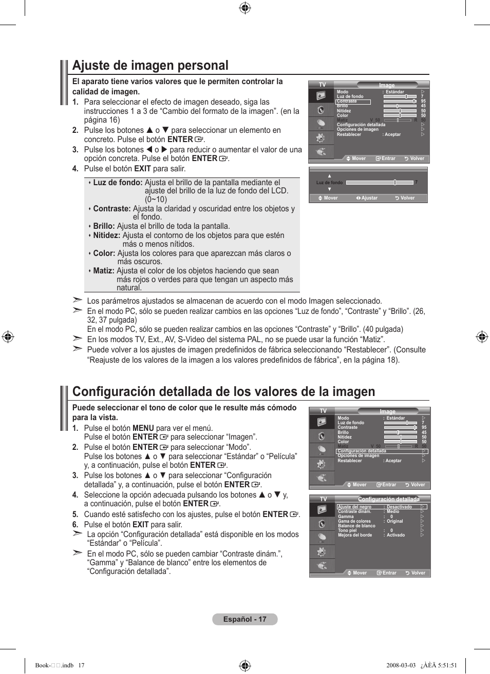 Ajuste de imagen personal, Brillo: ajusta el brillo de toda la pantalla | Samsung LE32A450C2 User Manual | Page 241 / 533