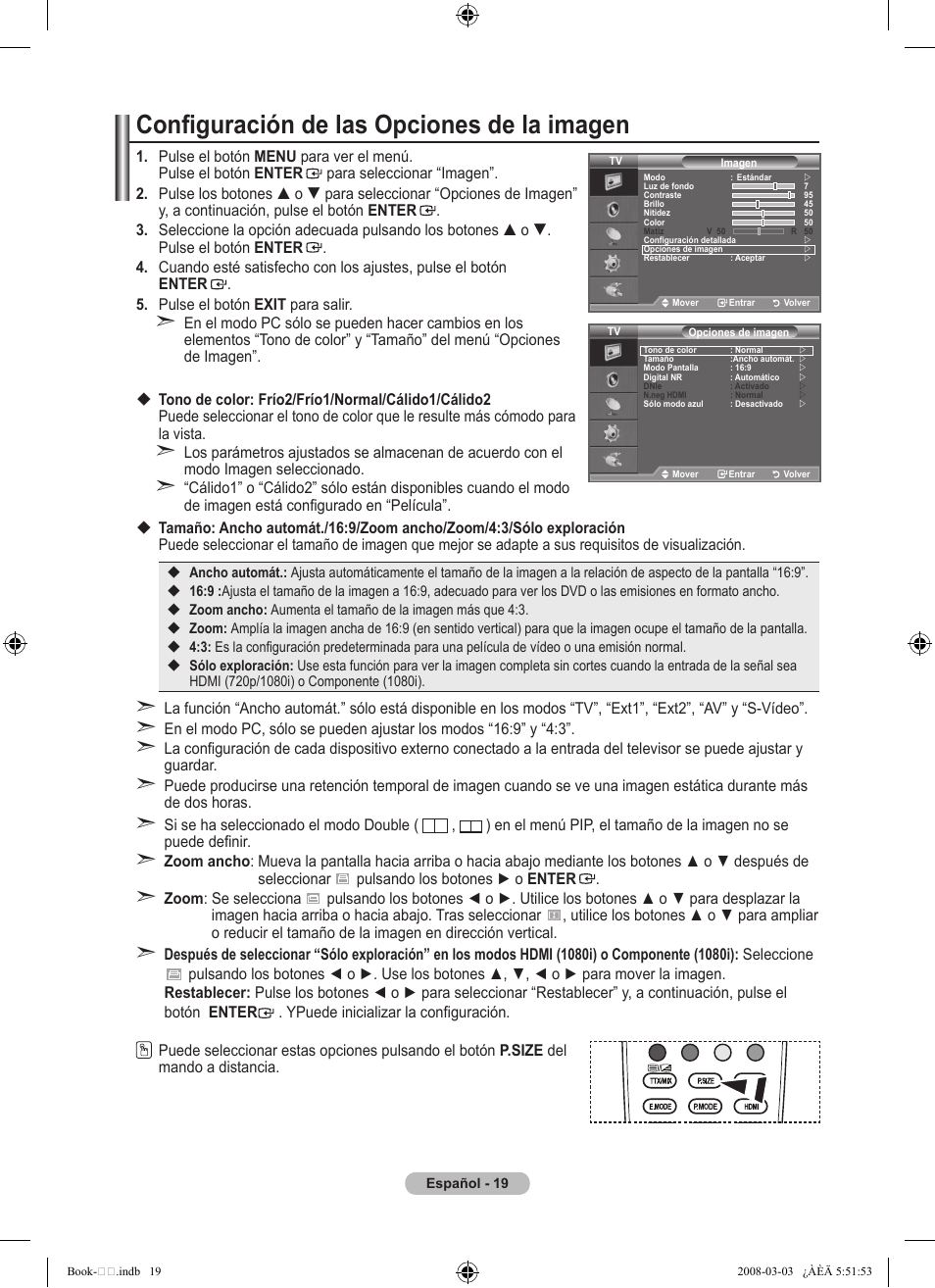 Configuración de las opciones de la imagen | Samsung LE32A450C2 User Manual | Page 243 / 533