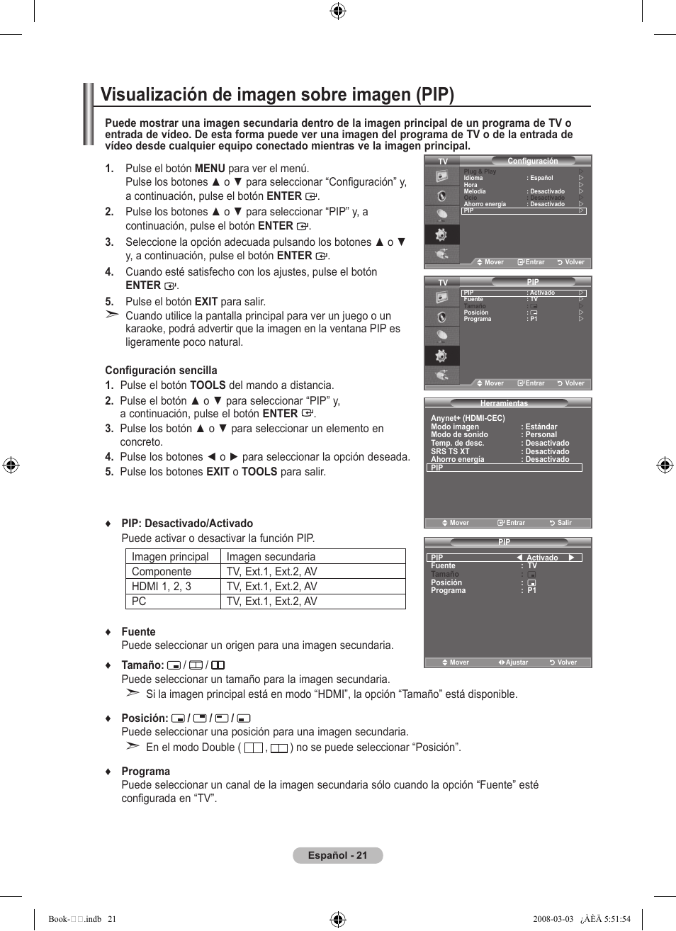 Visualización de imagen sobre imagen (pip) | Samsung LE32A450C2 User Manual | Page 245 / 533
