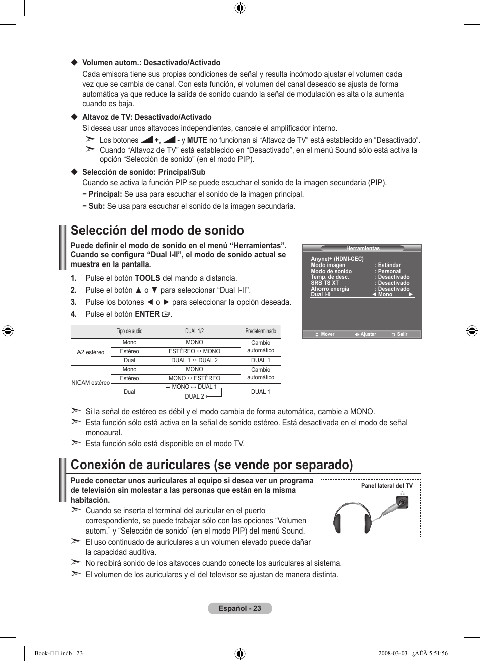 Selección del modo de sonido, Conexión de auriculares (se vende por separado) | Samsung LE32A450C2 User Manual | Page 247 / 533