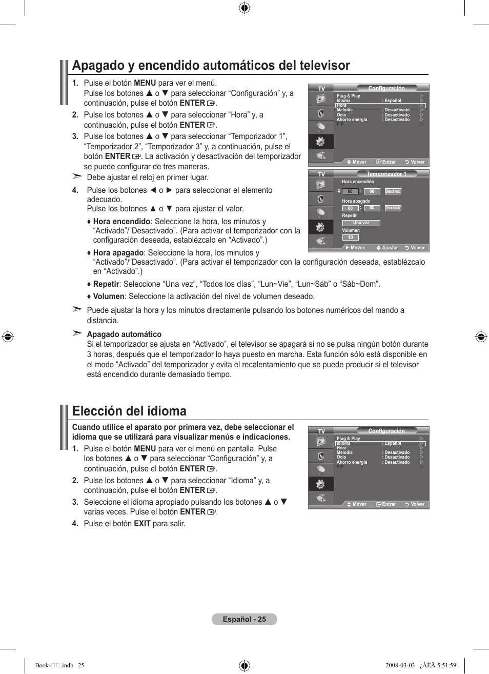 Apagado y encendido automáticos del televisor, Elección del idioma | Samsung LE32A450C2 User Manual | Page 249 / 533