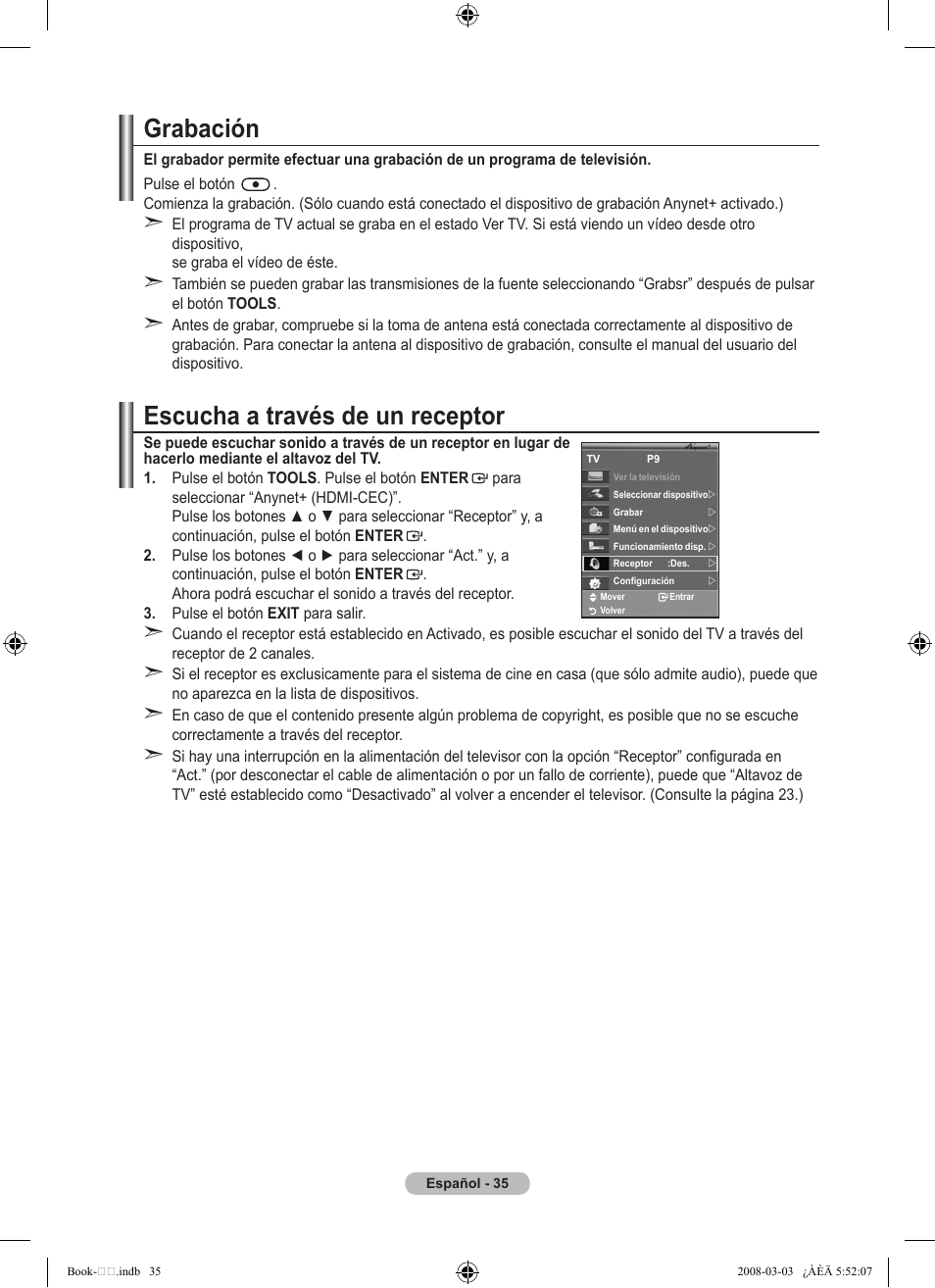 Escucha a través de un receptor, Grabación | Samsung LE32A450C2 User Manual | Page 259 / 533