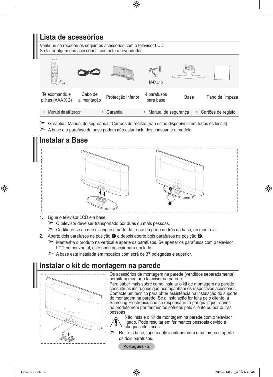 Lista de acessórios, Instalar o kit de montagem na parede, Instalar a base | Samsung LE32A450C2 User Manual | Page 270 / 533