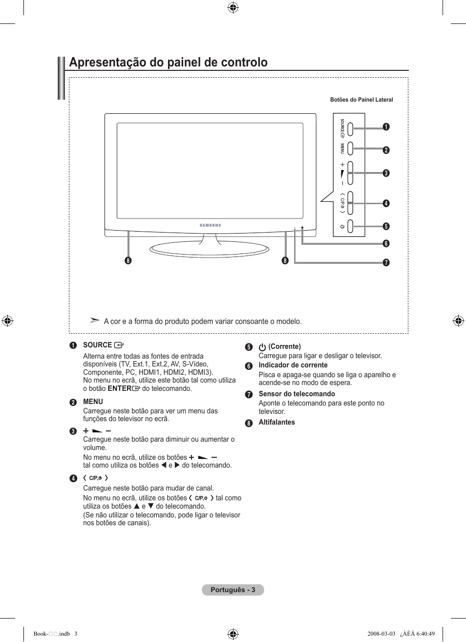 Apresentação do painel de controlo | Samsung LE32A450C2 User Manual | Page 271 / 533