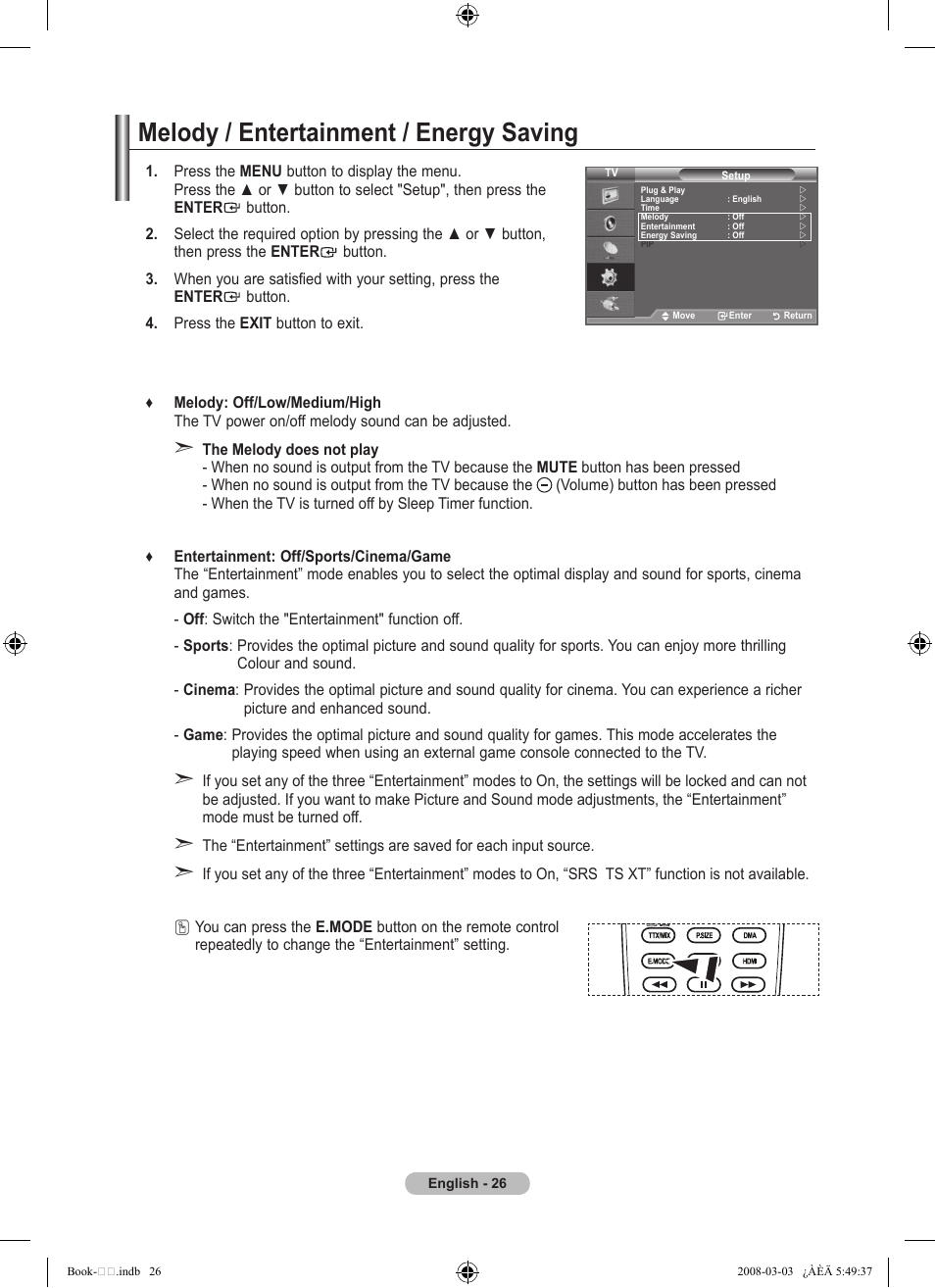 Melody / entertainment / energy saving | Samsung LE32A450C2 User Manual | Page 28 / 533