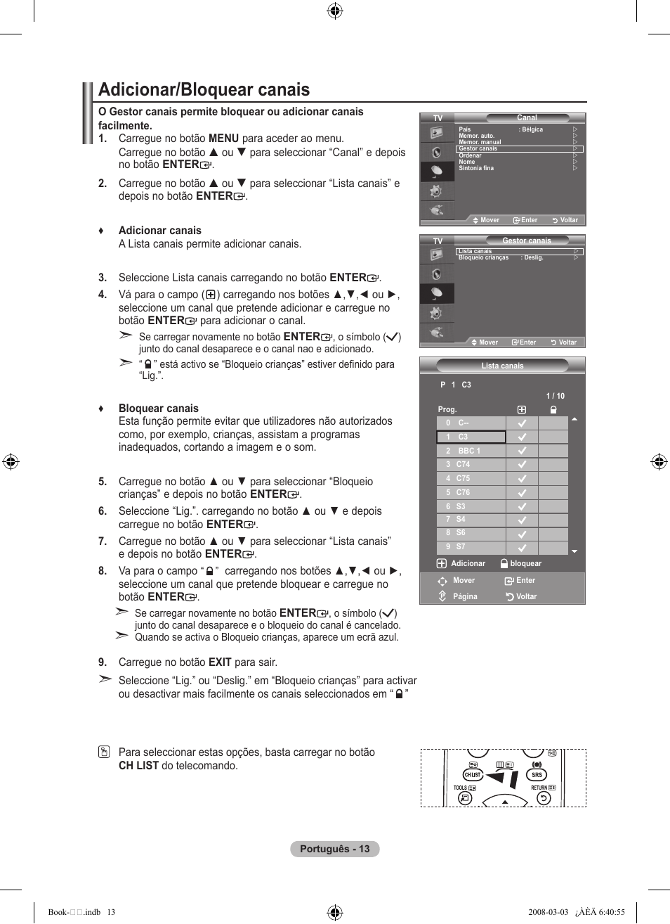 Adicionar/bloquear canais | Samsung LE32A450C2 User Manual | Page 281 / 533