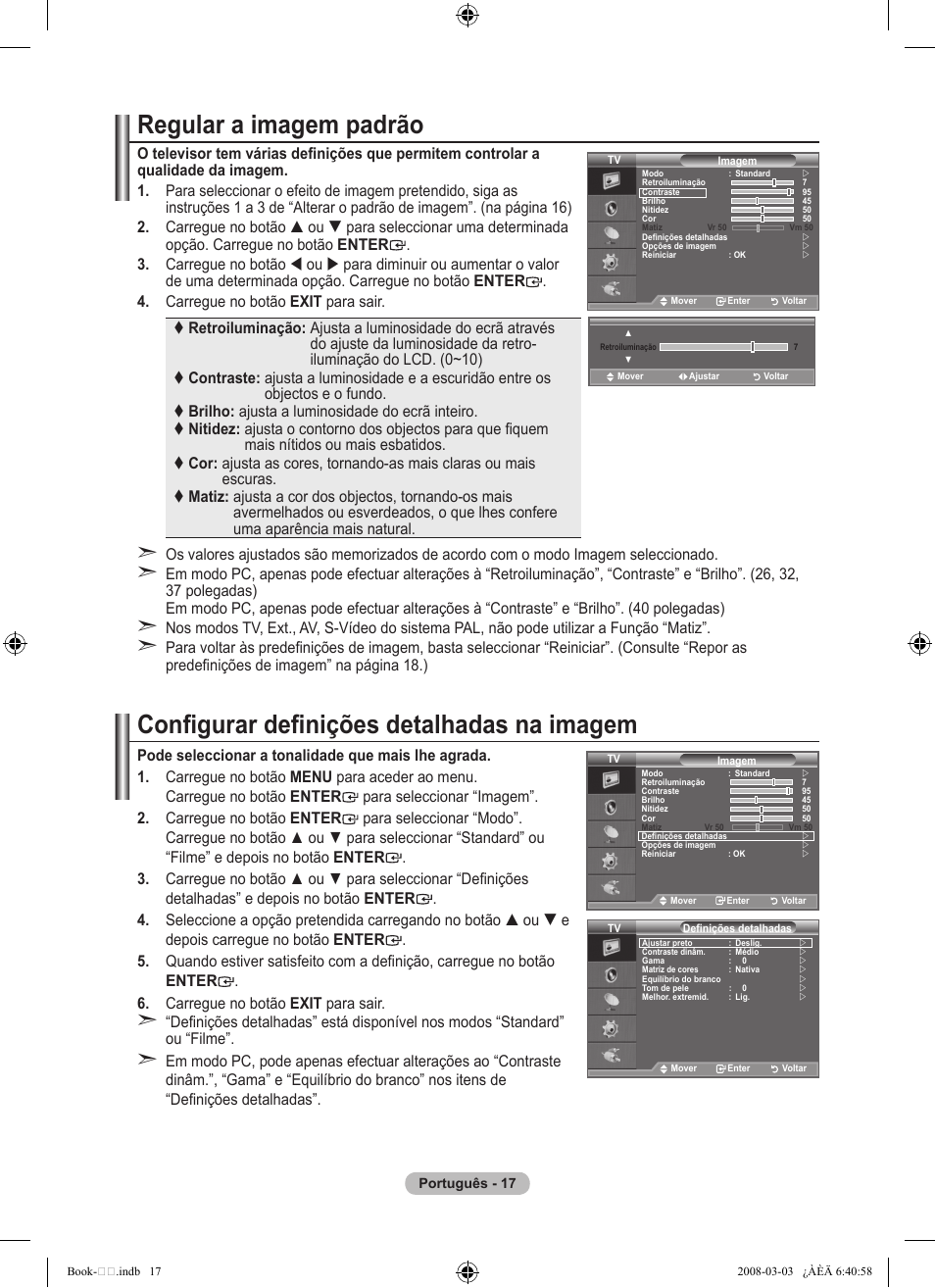 Regular a imagem padrão, Configurar definições detalhadas na imagem | Samsung LE32A450C2 User Manual | Page 285 / 533