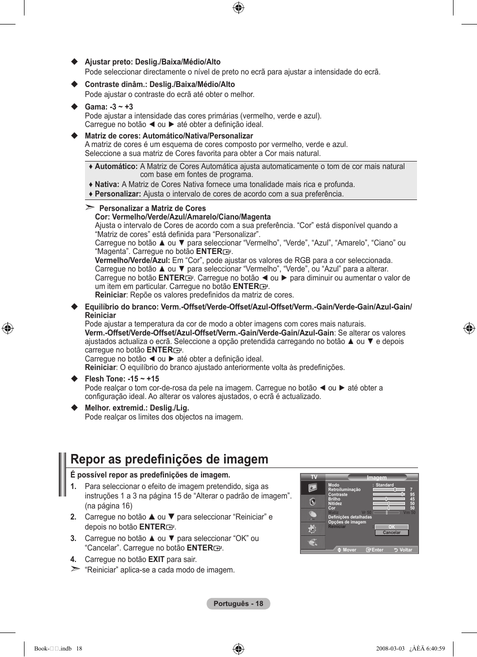 Repor as predefinições de imagem | Samsung LE32A450C2 User Manual | Page 286 / 533