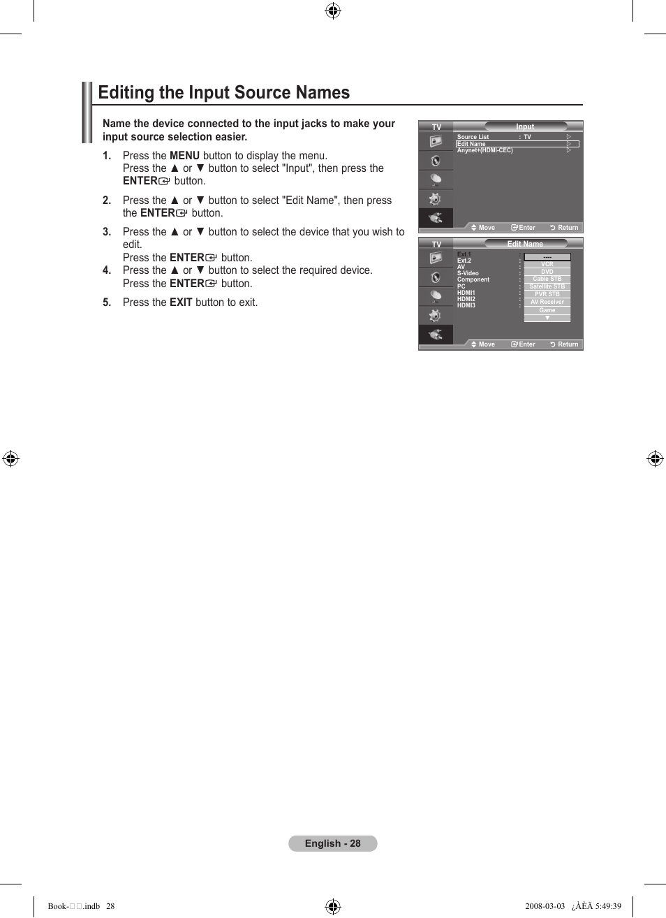 Editing the input source names | Samsung LE32A450C2 User Manual | Page 30 / 533
