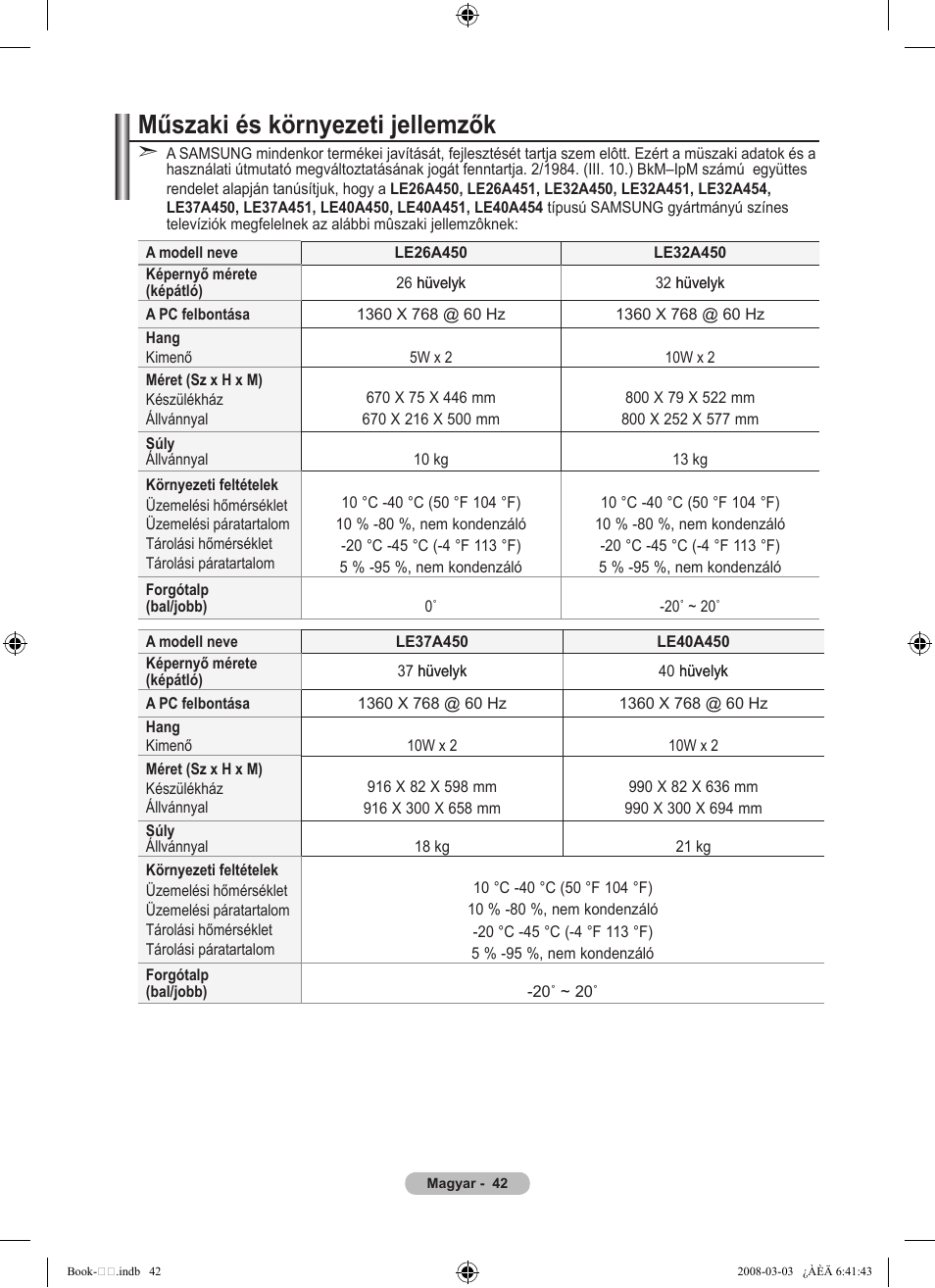 Műszaki és környezeti jellemzők | Samsung LE32A450C2 User Manual | Page 354 / 533