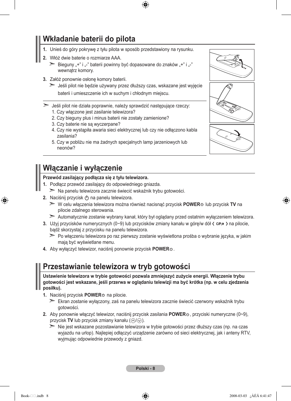 Wkładanie baterii do pilota, Włączanie i wyłączenie, Przestawianie telewizora w tryb gotowości | Samsung LE32A450C2 User Manual | Page 364 / 533