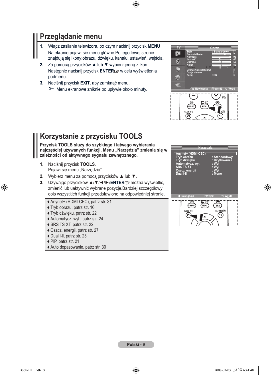 Przeglądanie menu, Korzystanie z przycisku tools | Samsung LE32A450C2 User Manual | Page 365 / 533