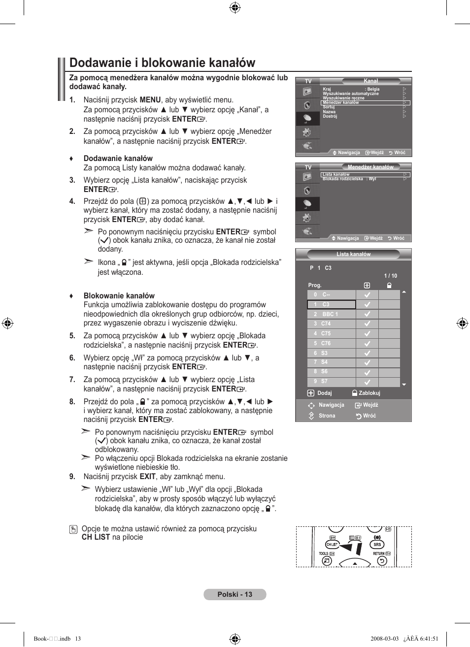 Dodawanie i blokowanie kanałów | Samsung LE32A450C2 User Manual | Page 369 / 533