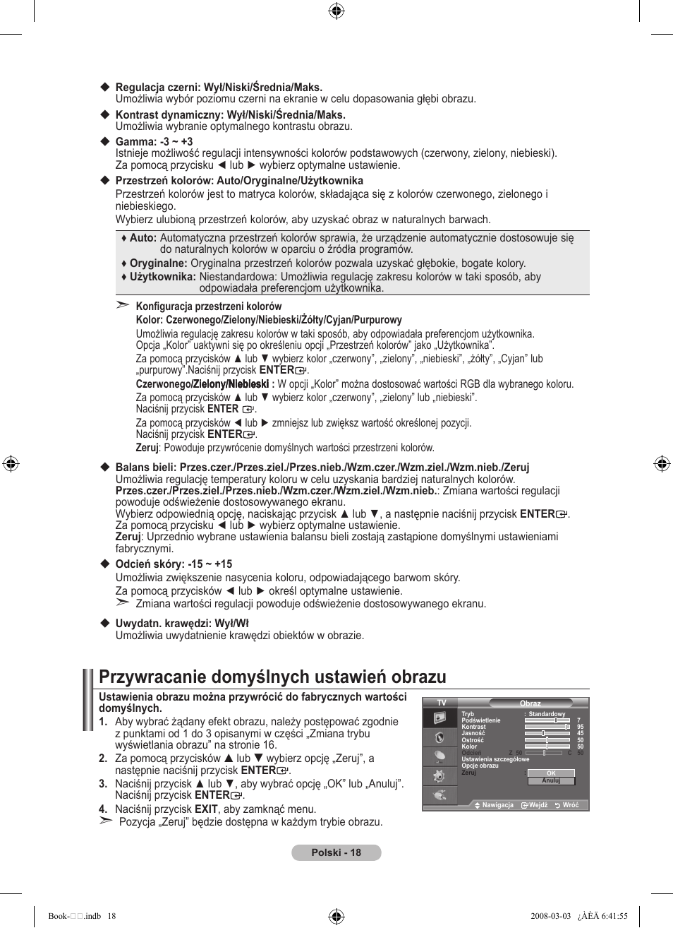 Przywracanie domyślnych ustawień obrazu | Samsung LE32A450C2 User Manual | Page 374 / 533
