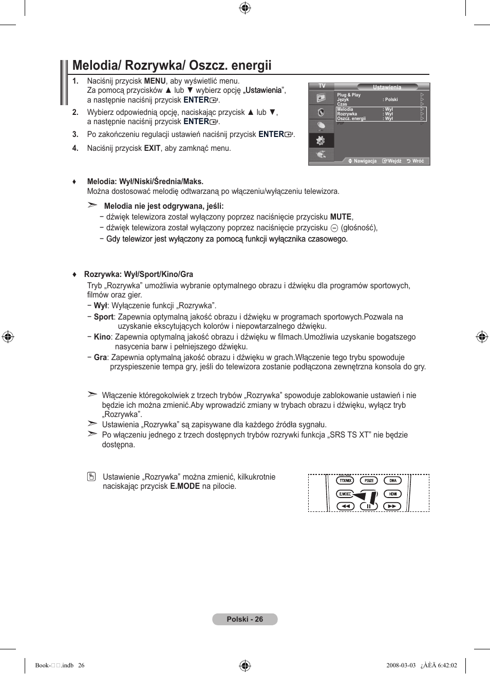 Melodia/ rozrywka/ oszcz. energii | Samsung LE32A450C2 User Manual | Page 382 / 533