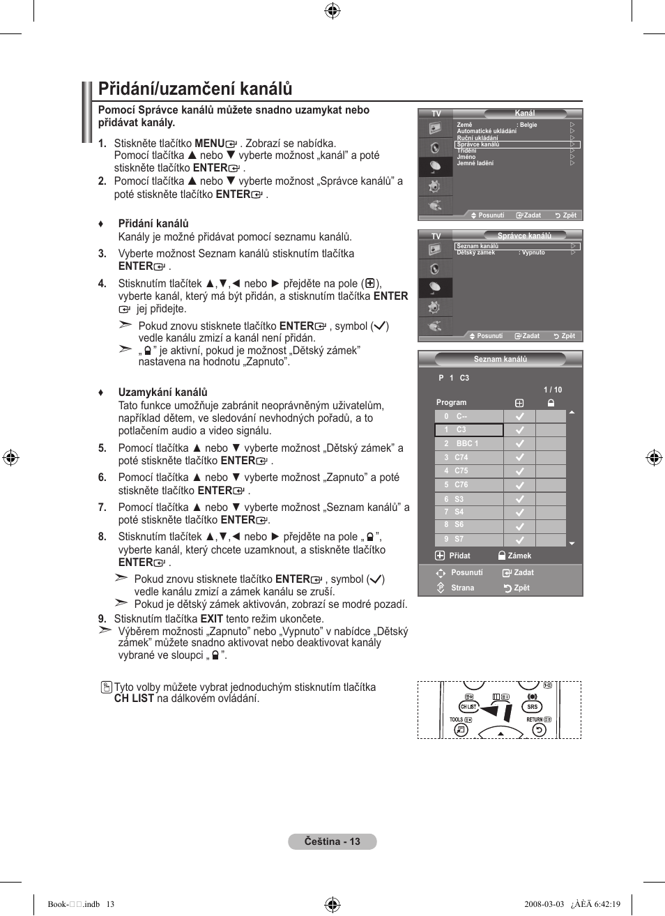 Přidání/uzamčení kanálů | Samsung LE32A450C2 User Manual | Page 413 / 533