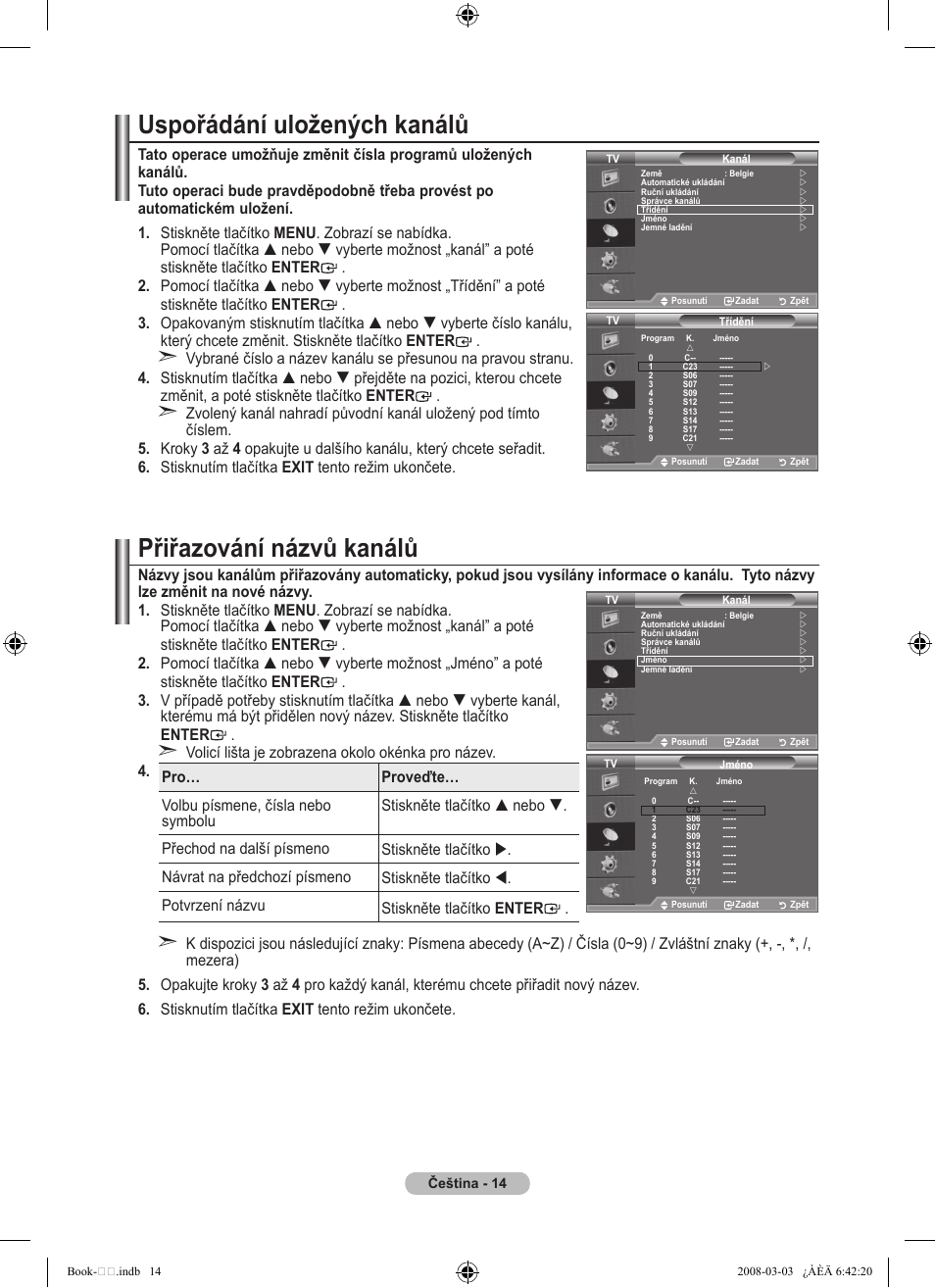 Uspořádání uložených kanálů, Přiřazování názvů kanálů | Samsung LE32A450C2 User Manual | Page 414 / 533