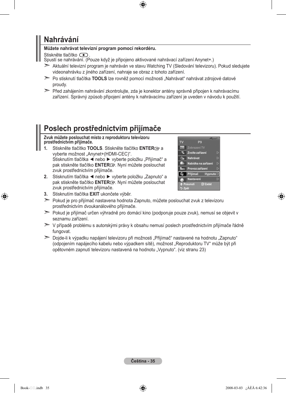 Poslech prostřednictvím přijímače, Nahrávání | Samsung LE32A450C2 User Manual | Page 435 / 533