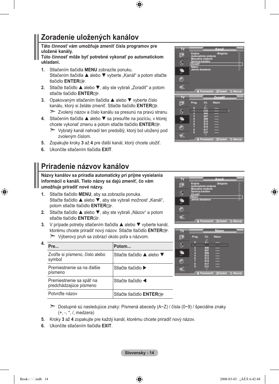 Zoradenie uložených kanálov, Priradenie názvov kanálov | Samsung LE32A450C2 User Manual | Page 458 / 533