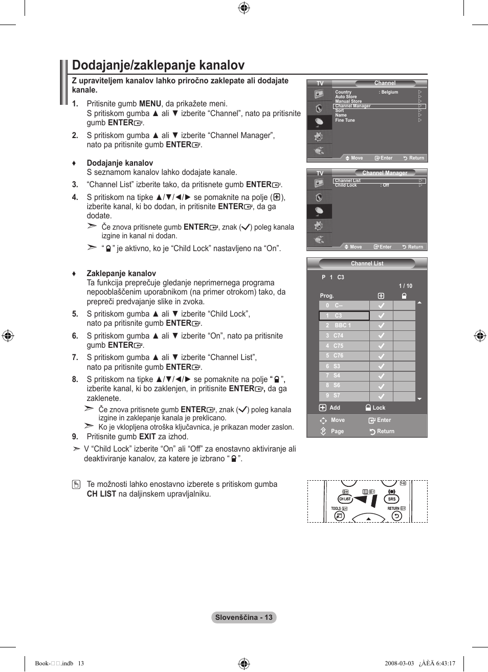 Dodajanje/zaklepanje kanalov | Samsung LE32A450C2 User Manual | Page 501 / 533
