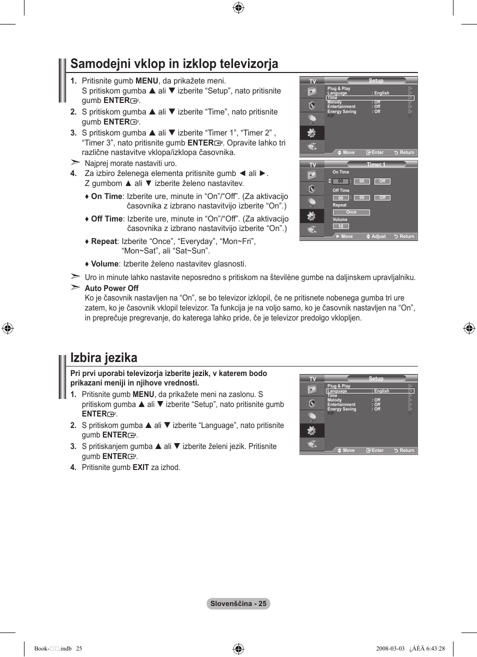 Samodejni vklop in izklop televizorja, Izbira jezika | Samsung LE32A450C2 User Manual | Page 513 / 533
