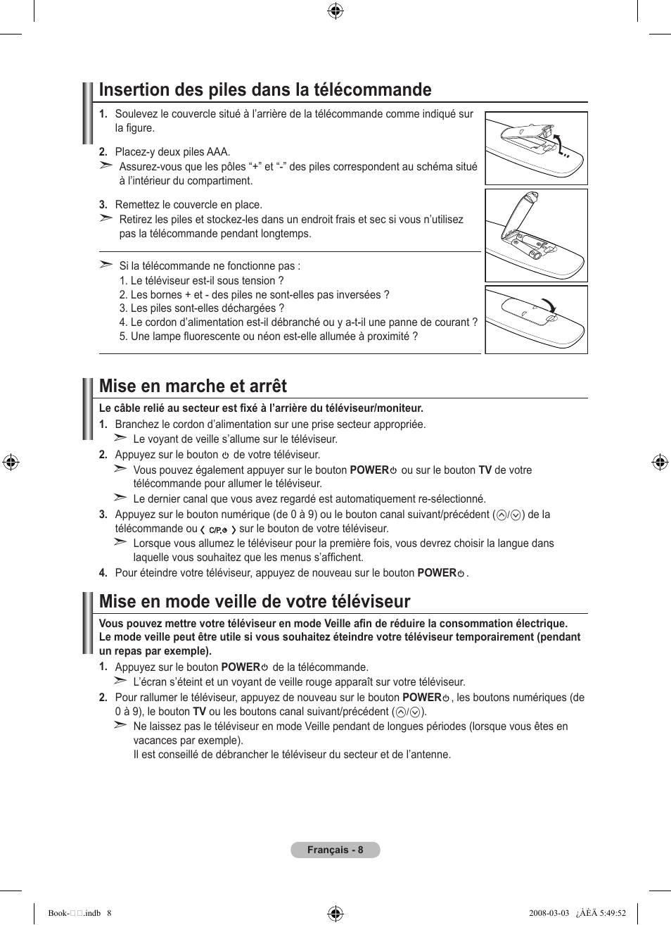 Insertion des piles dans la télécommande, Mise en marche et arrêt, Mise en mode veille de votre téléviseur | Samsung LE32A450C2 User Manual | Page 54 / 533