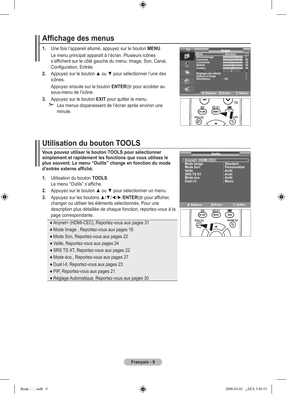 Affichage des menus, Utilisation du bouton tools | Samsung LE32A450C2 User Manual | Page 55 / 533