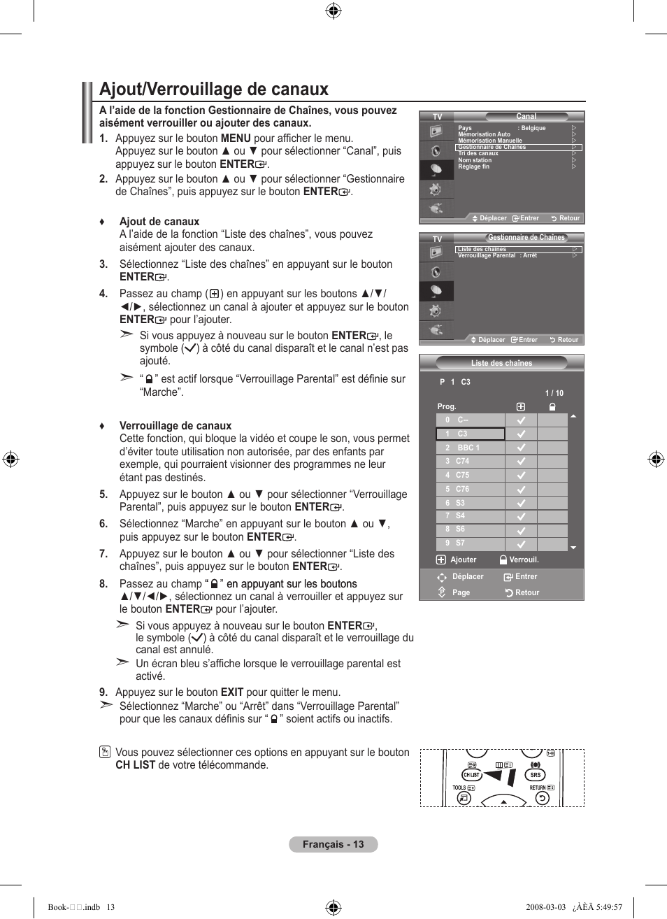 Ajout/verrouillage de canaux | Samsung LE32A450C2 User Manual | Page 59 / 533