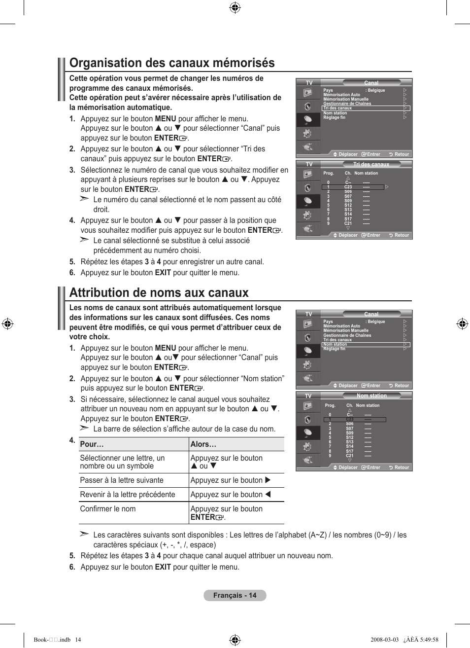 Organisation des canaux mémorisés, Attribution de noms aux canaux | Samsung LE32A450C2 User Manual | Page 60 / 533