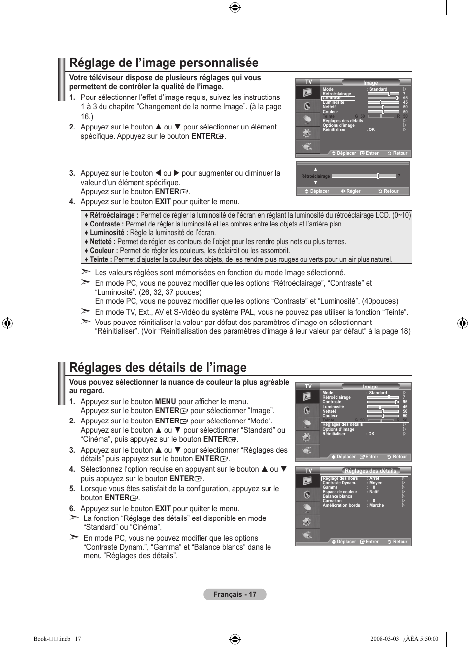 Réglage de l’image personnalisée, Réglages des détails de l’image | Samsung LE32A450C2 User Manual | Page 63 / 533