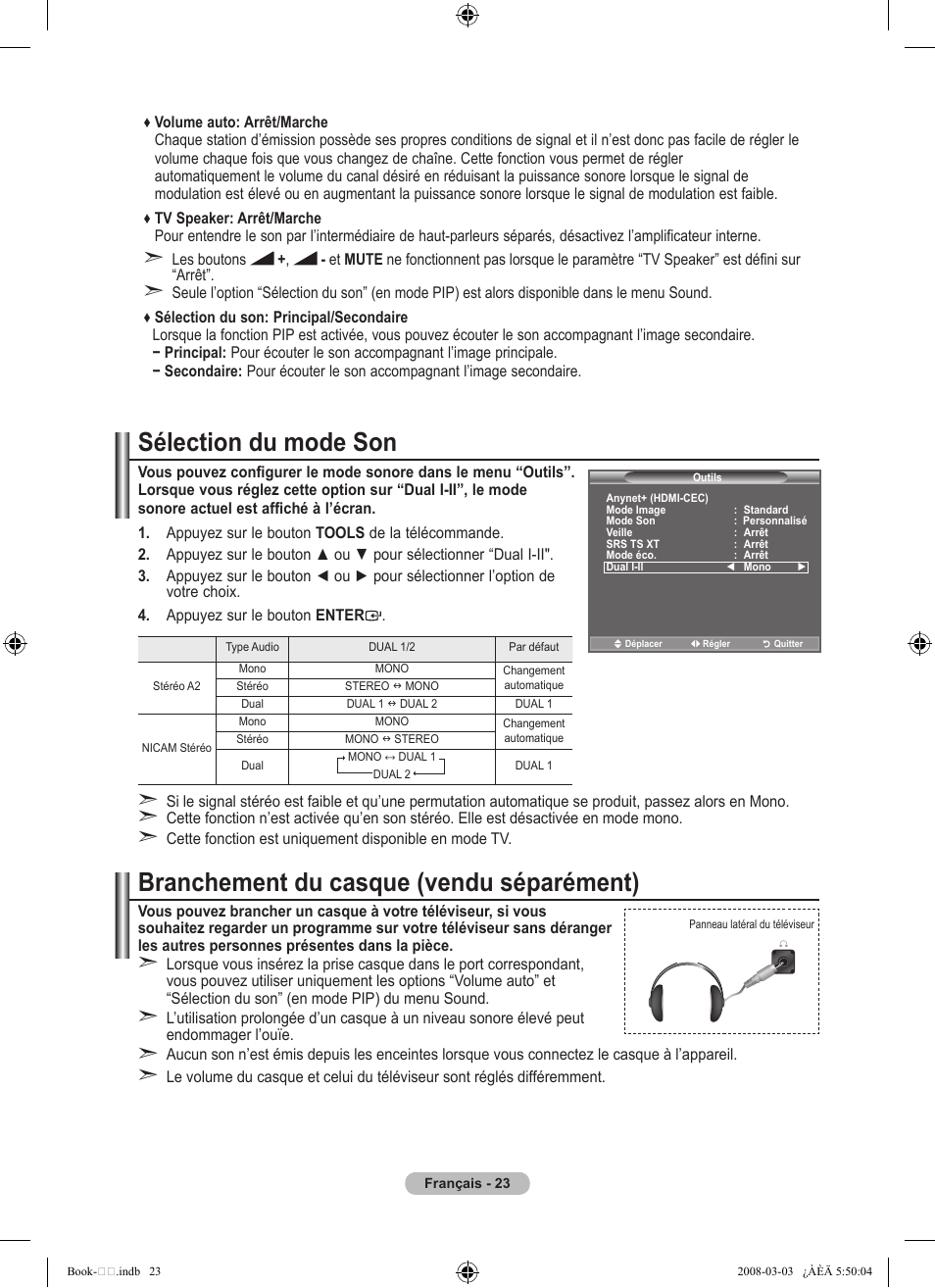 Branchement du casque (vendu séparément), Sélection du mode son | Samsung LE32A450C2 User Manual | Page 69 / 533