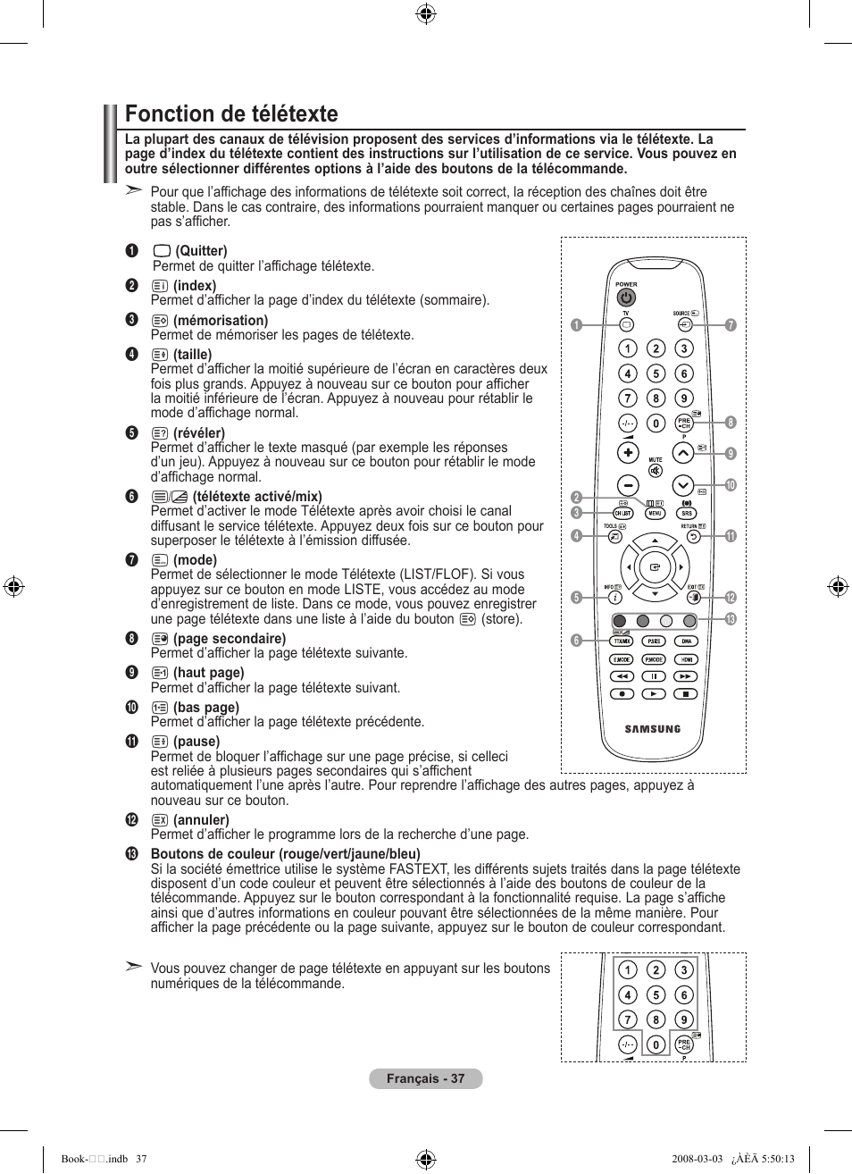 Fonction de télétexte | Samsung LE32A450C2 User Manual | Page 83 / 533