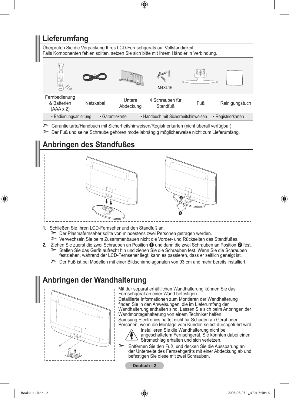 Lieferumfang, Anbringen des standfußes, Anbringen der wandhalterung | Samsung LE32A450C2 User Manual | Page 92 / 533