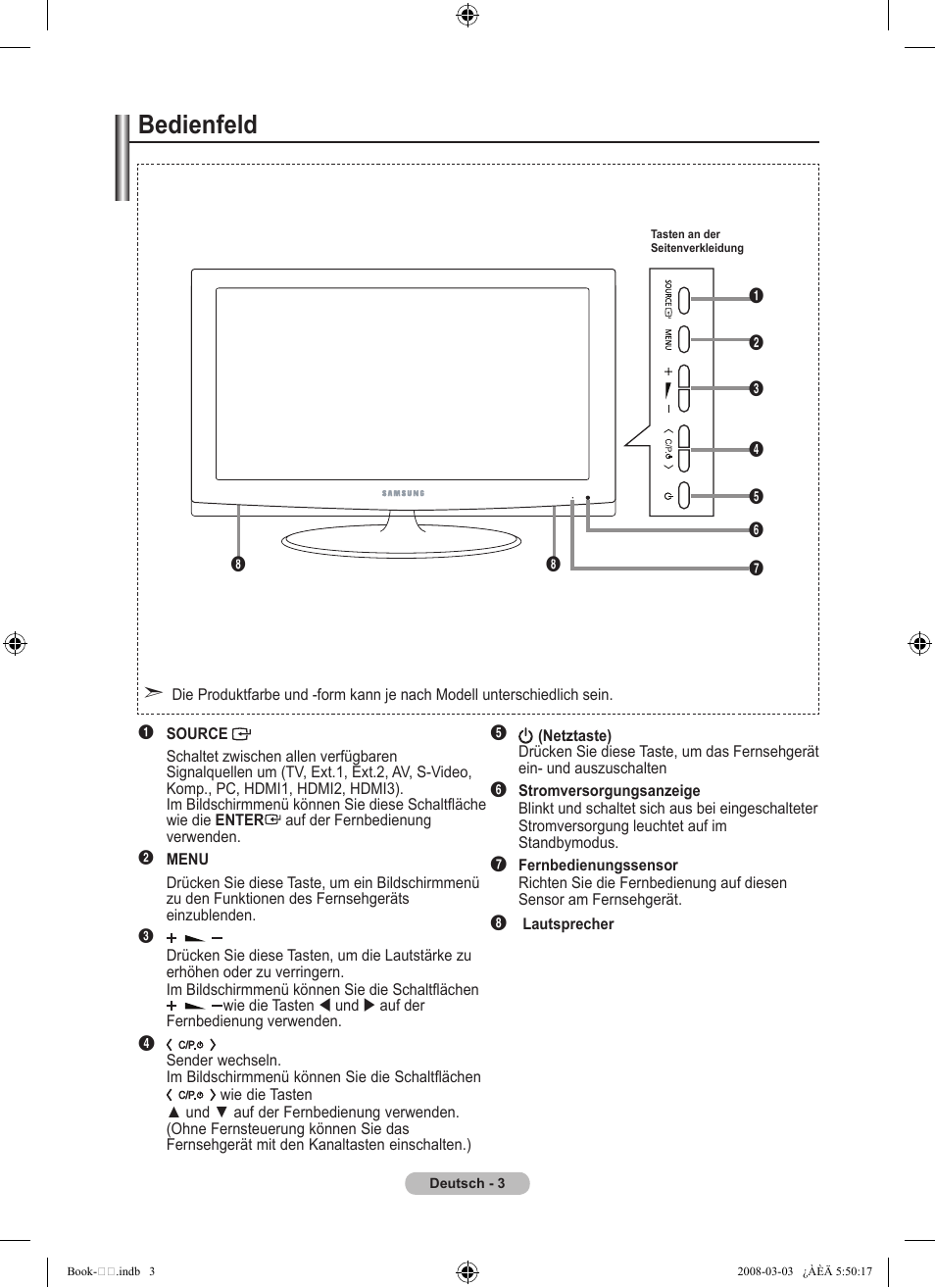 Bedienfeld | Samsung LE32A450C2 User Manual | Page 93 / 533