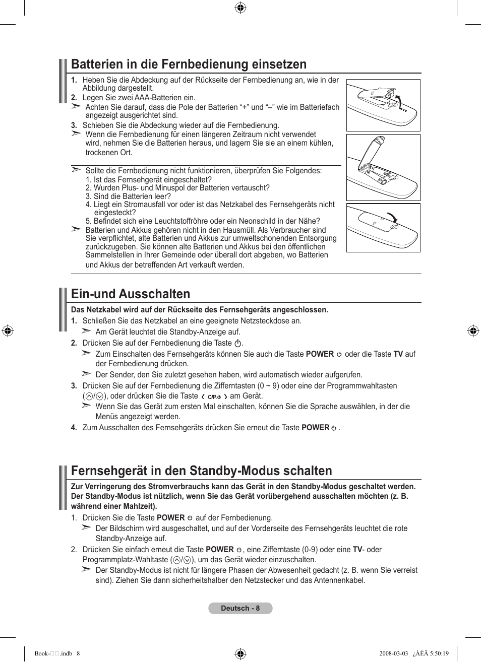 Batterien in die fernbedienung einsetzen, Ein-und ausschalten, Fernsehgerät in den standby-modus schalten | Samsung LE32A450C2 User Manual | Page 98 / 533