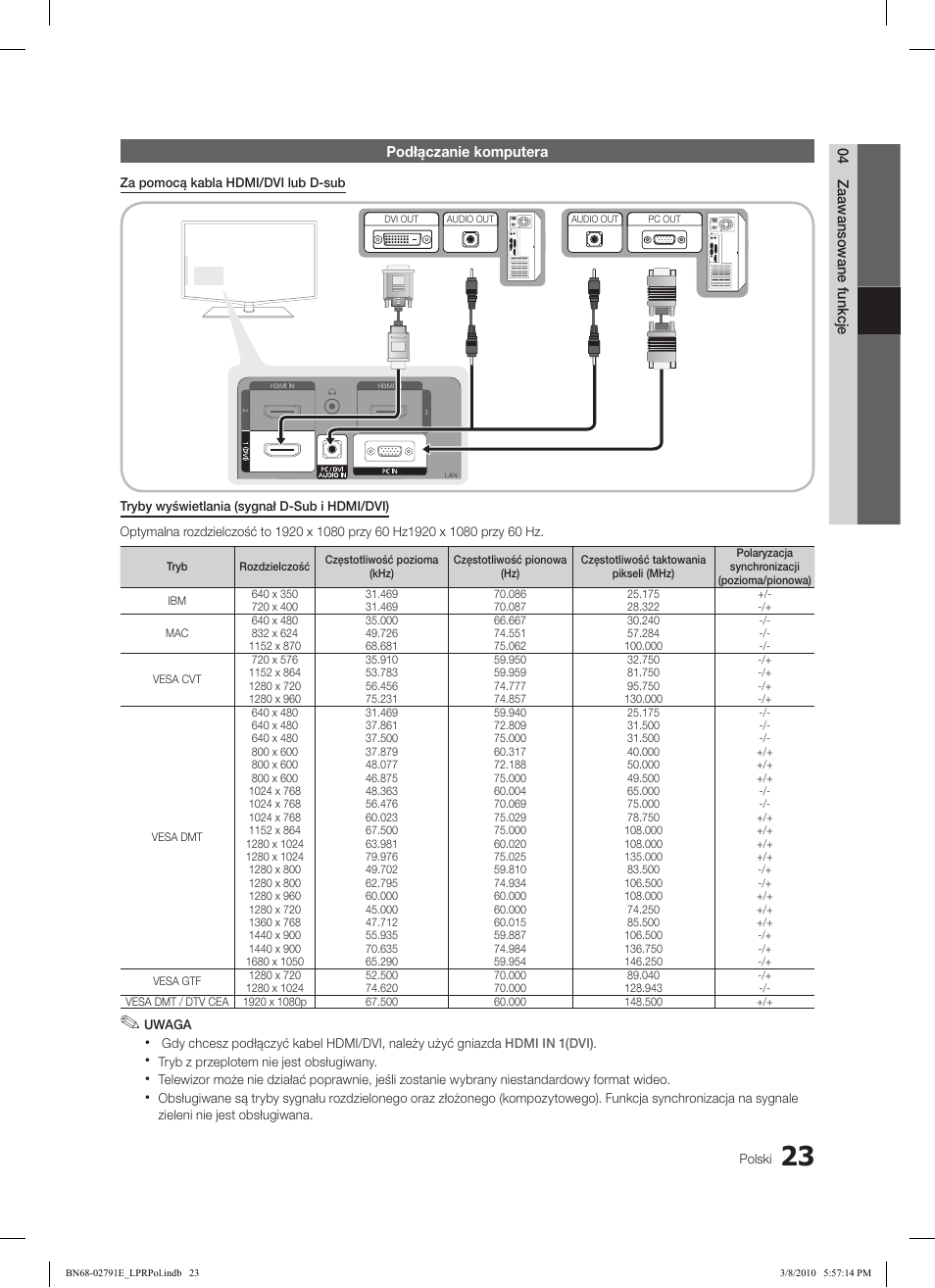 04 zaawansowane funkcje, Podłączanie komputera | Samsung LE46C570J1S User Manual | Page 121 / 491