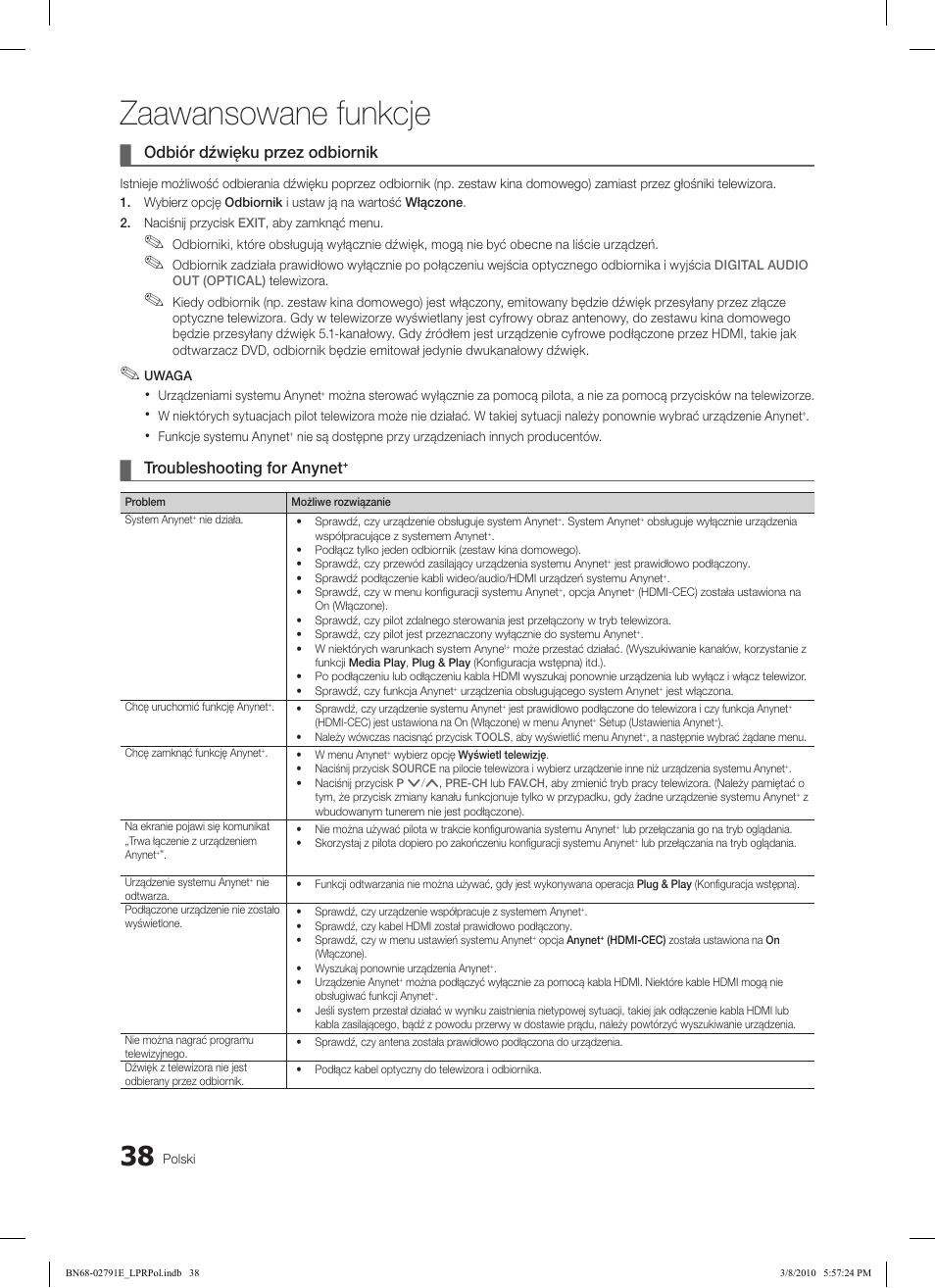 Zaawansowane funkcje, Odbiór dźwięku przez odbiornik, Troubleshooting for anynet | Samsung LE46C570J1S User Manual | Page 136 / 491