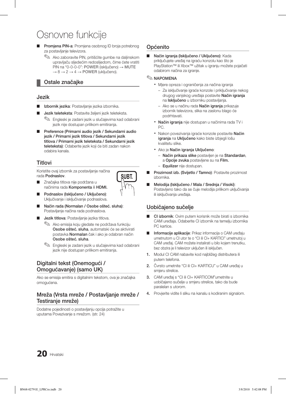Osnovne funkcije, Ostale značajke ¦ jezik, Titlovi | Općenito, Uobičajeno sučelje | Samsung LE46C570J1S User Manual | Page 265 / 491